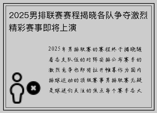 2025男排联赛赛程揭晓各队争夺激烈精彩赛事即将上演